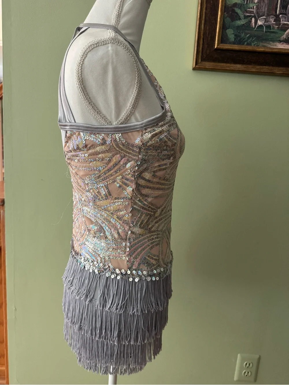 Weissman Iridescent Sequin Halter Costume with Gray Fringe - sz XLC